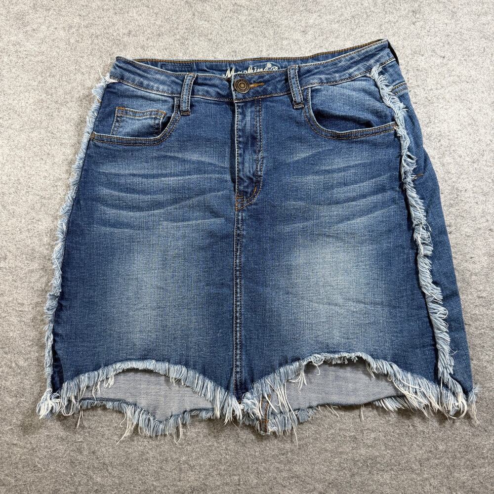 Machine Jeans Denim Skirt Womens 30 Blue Frayed Hem Distressed Whiskered Mini